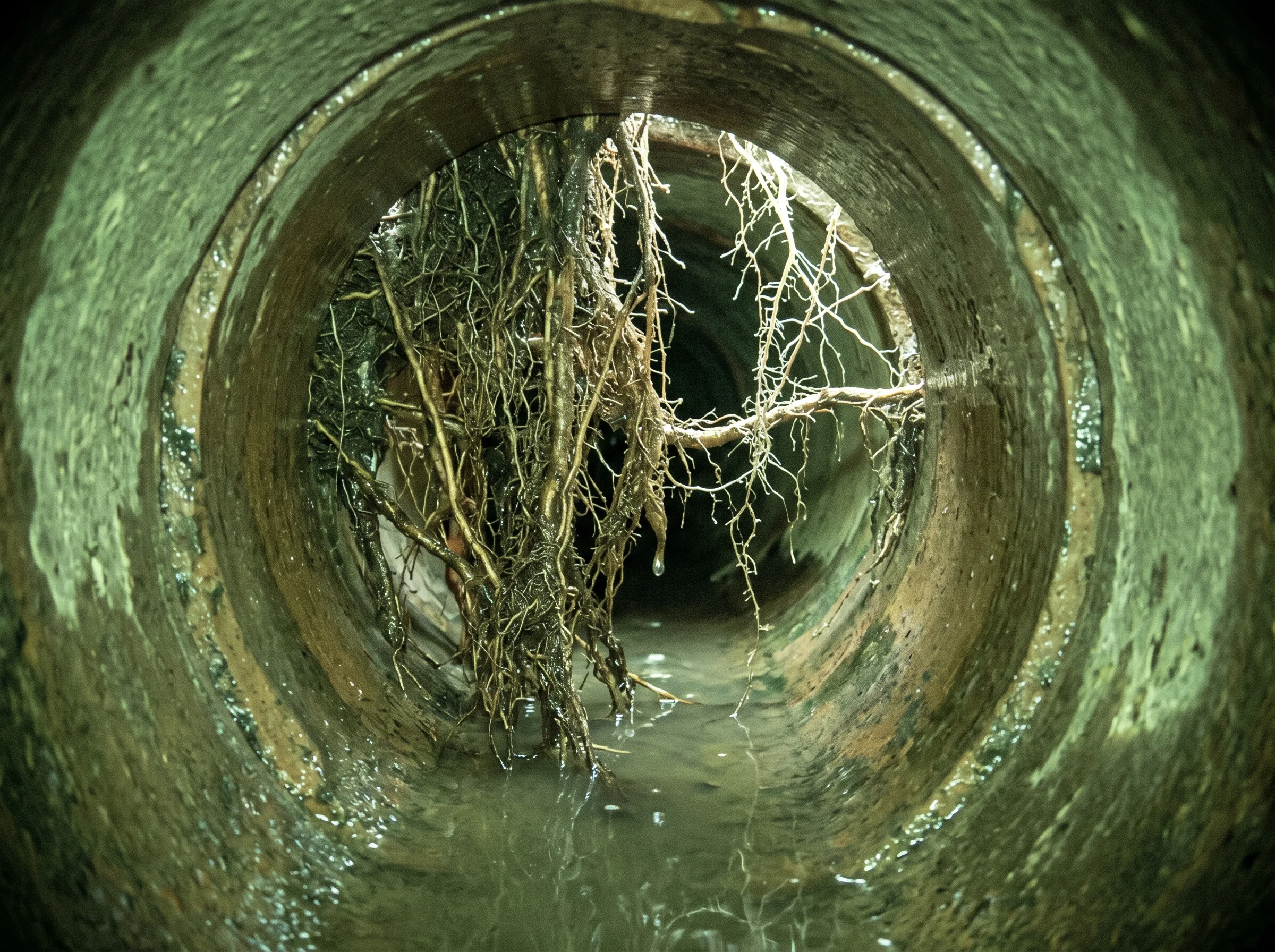 CCTV view of tree roots hanging across a clay drain pipe like a curtain, water pooling beneath