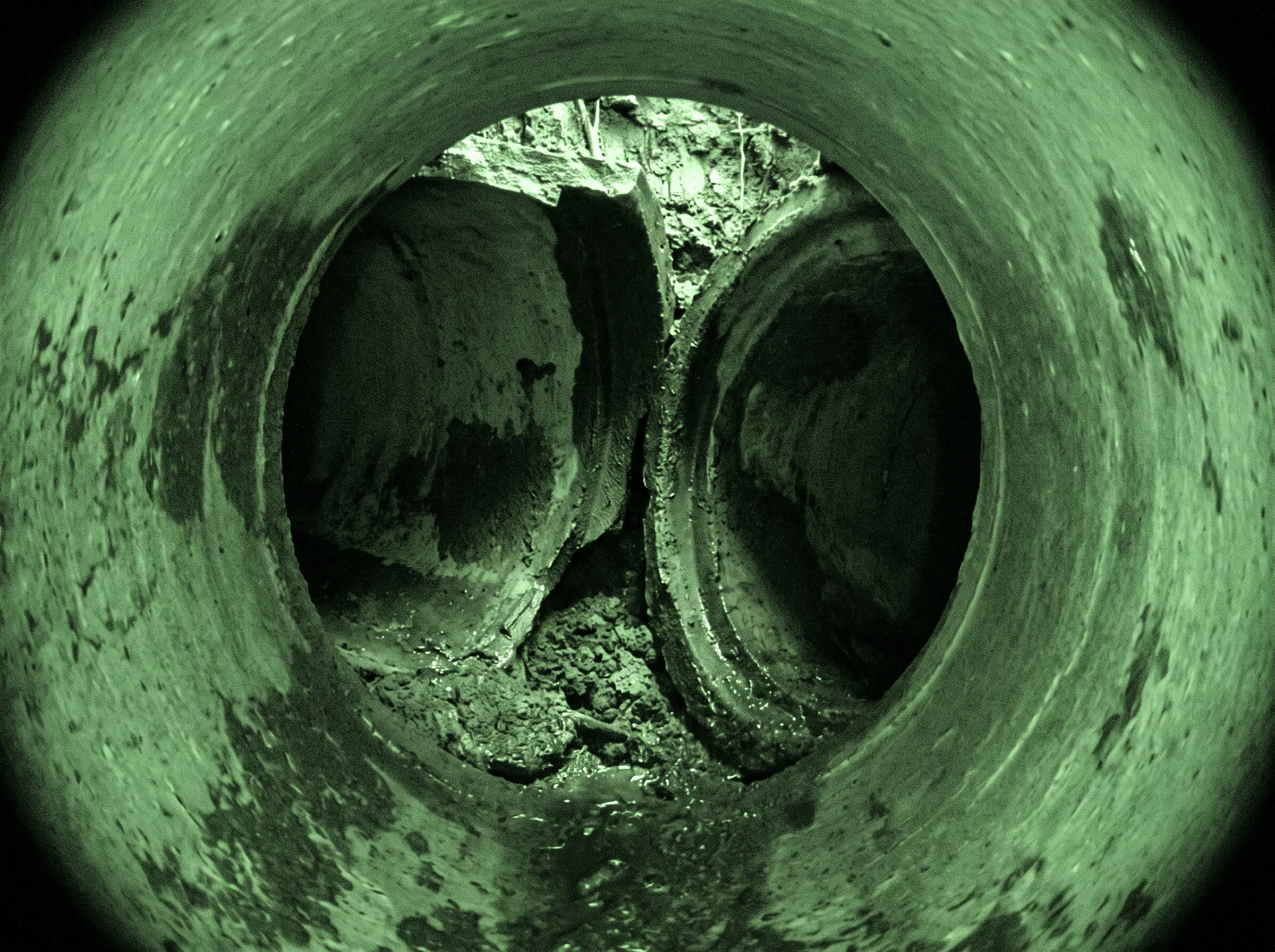 CCTV view of a displaced joint in a clay drain pipe, the sections stepped out of line