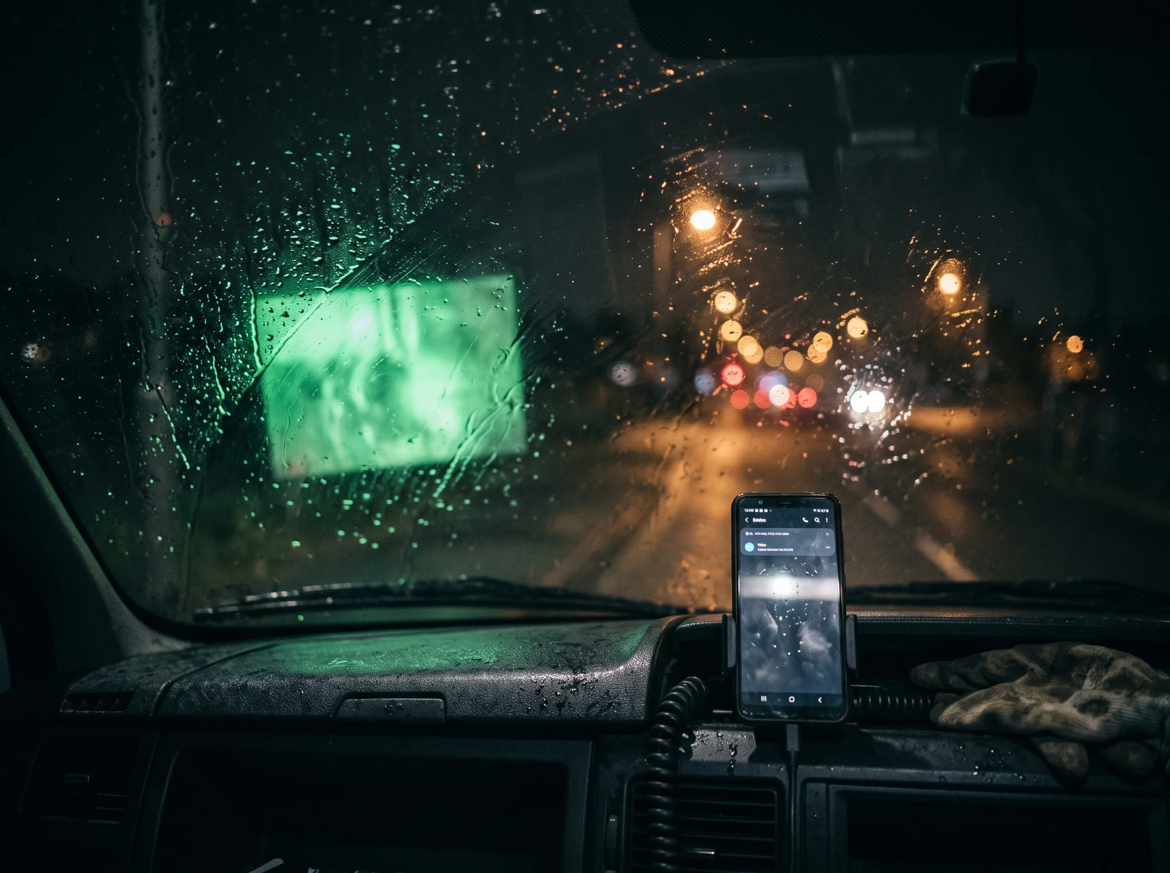 Rain-streaked van windscreen at night, green survey-monitor glow reflected in the glass, phone on the dash
