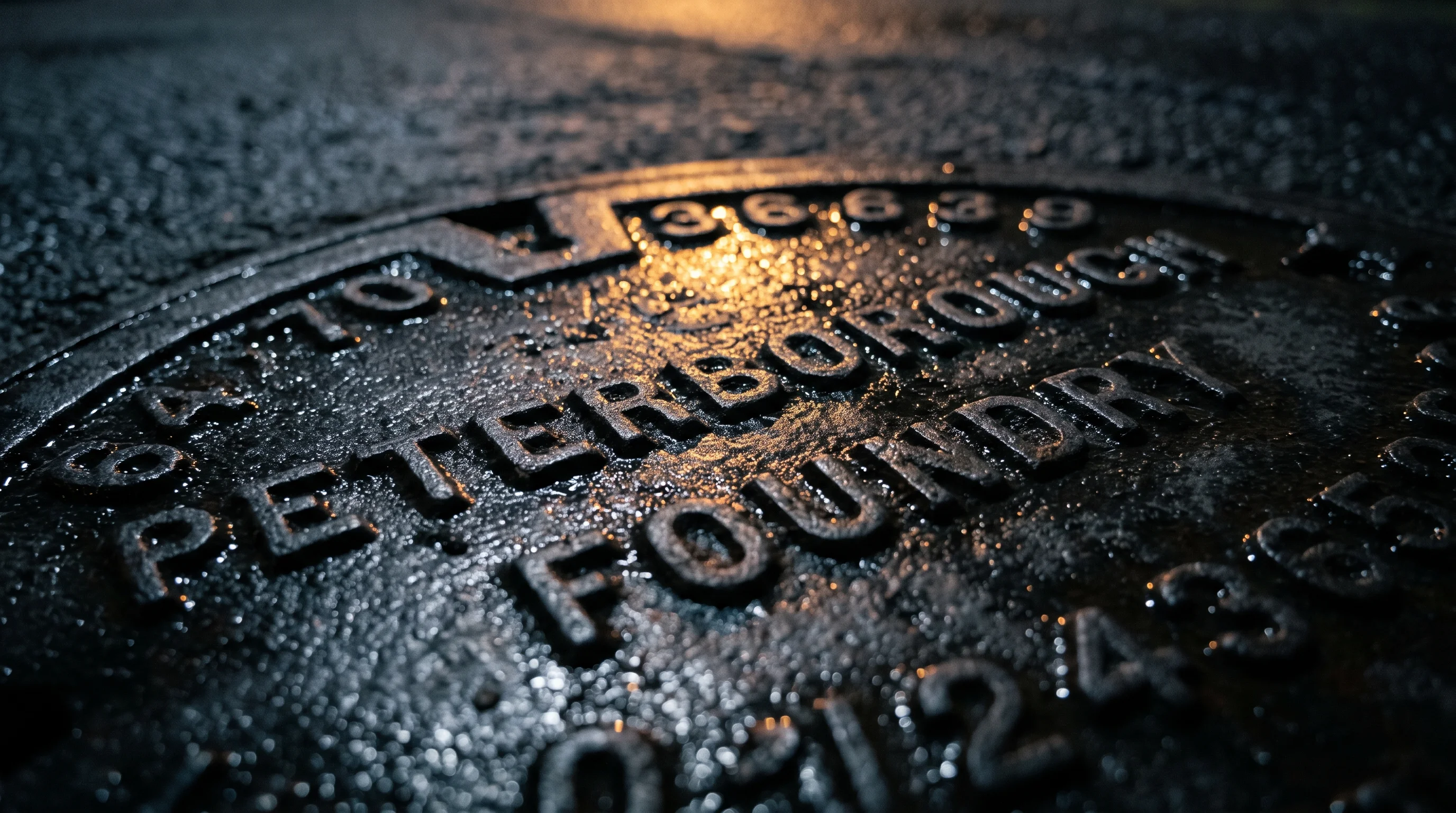 Rain-wet cast-iron manhole cover in close-up, raised lettering catching orange streetlight