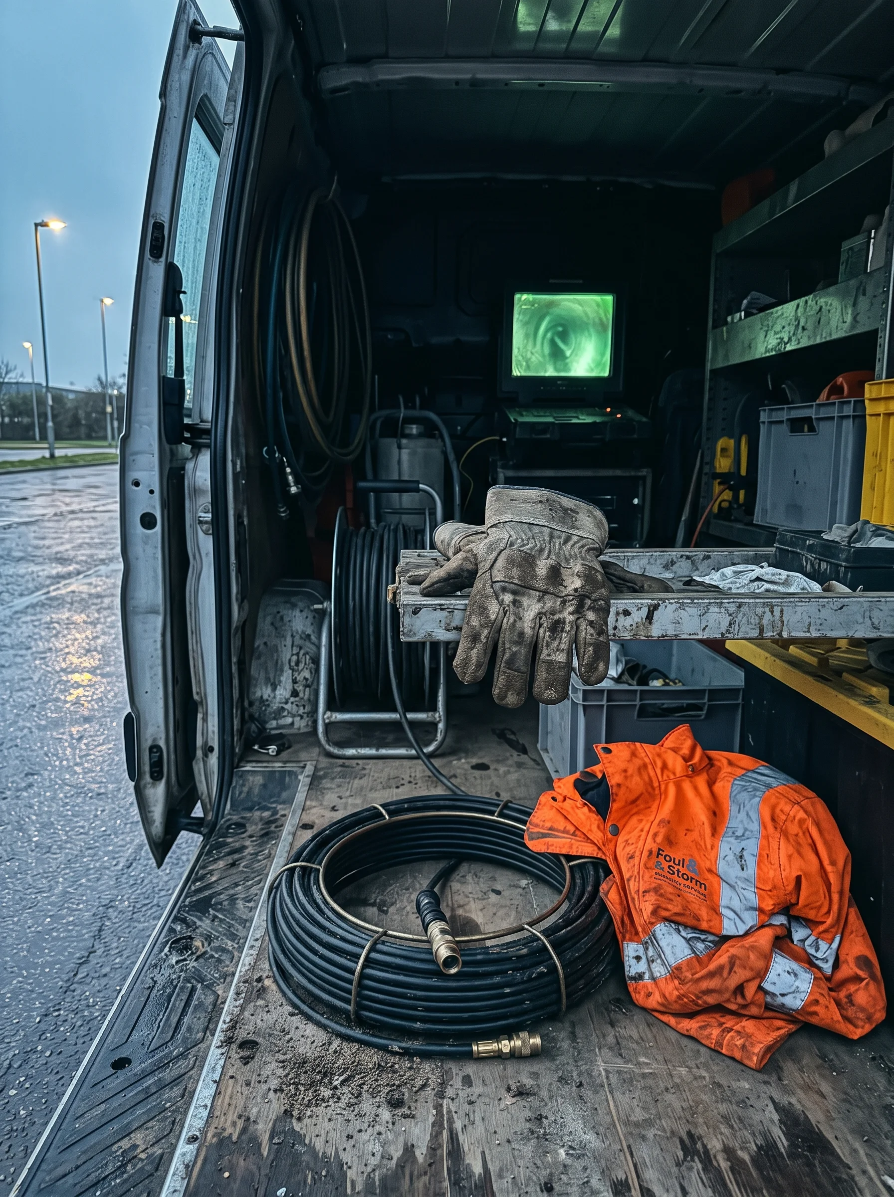 Muddy work gloves and a coiled drain-camera cable on a van floor, rain streaking the open door