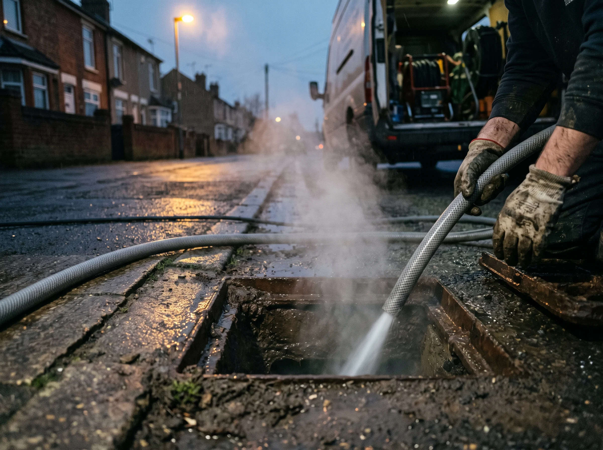 Steam rising off a high-pressure jetting hose working in an open roadside gully at dusk