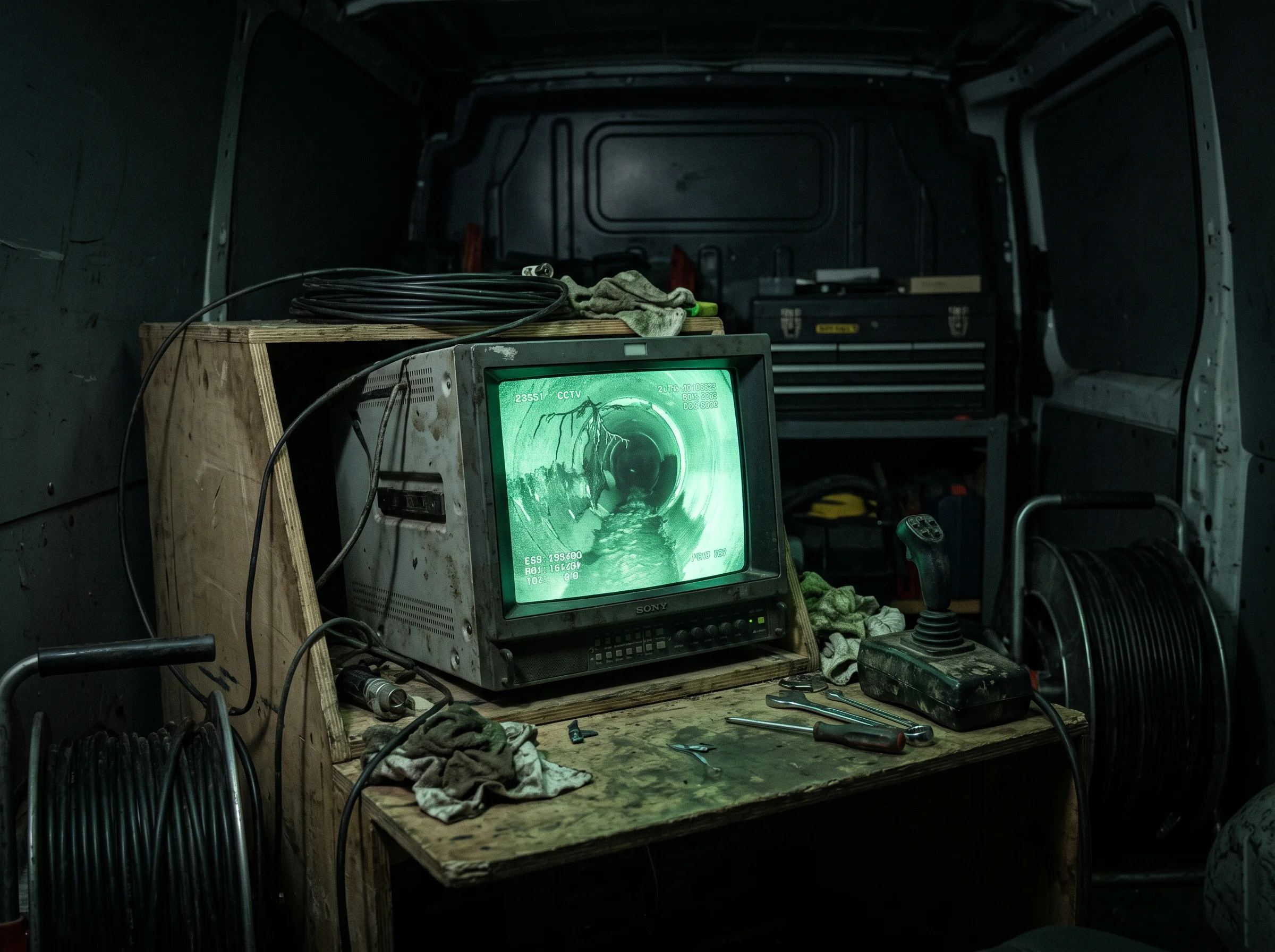 CCTV survey monitor glowing green inside a dark van, showing the inside of a drain