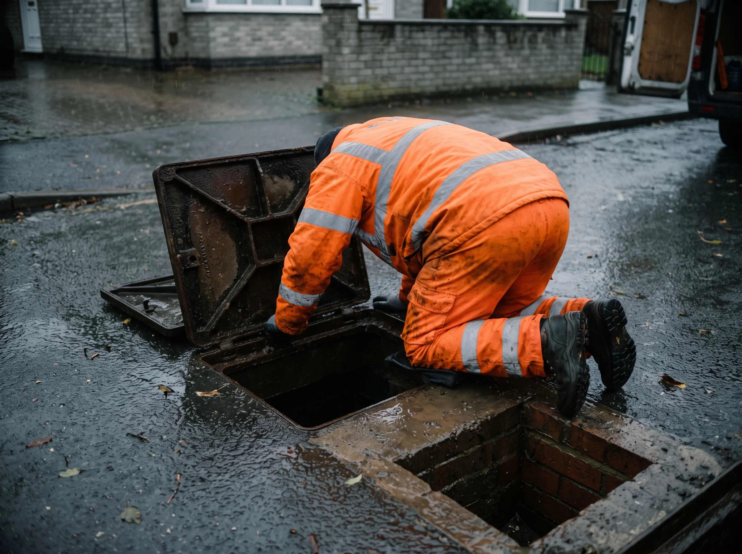 Engineer in hi-vis crouched over a lifted drain inspection chamber in the drizzle