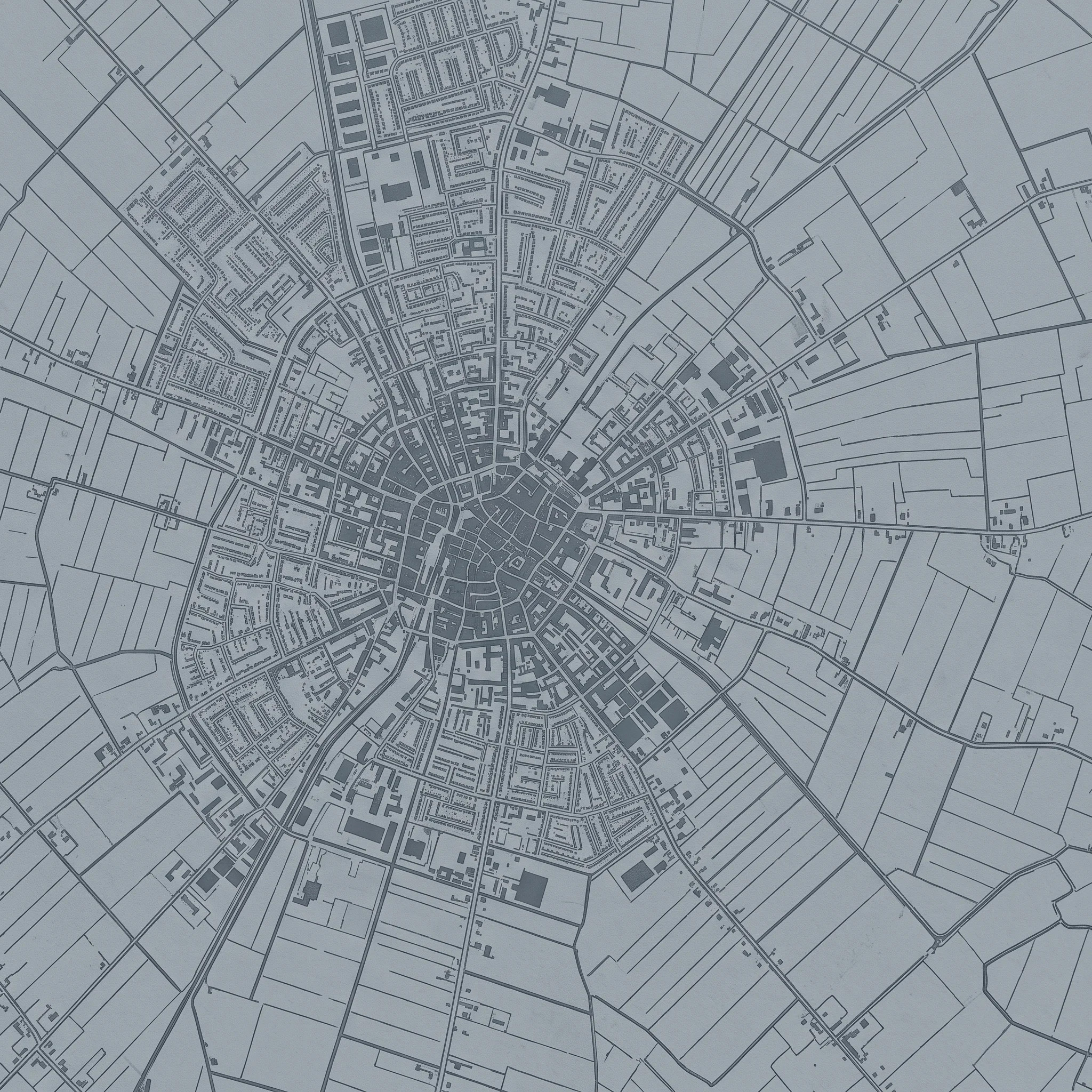 Storm-grey duotone street map of the Peterborough area, city grid fading to fenland