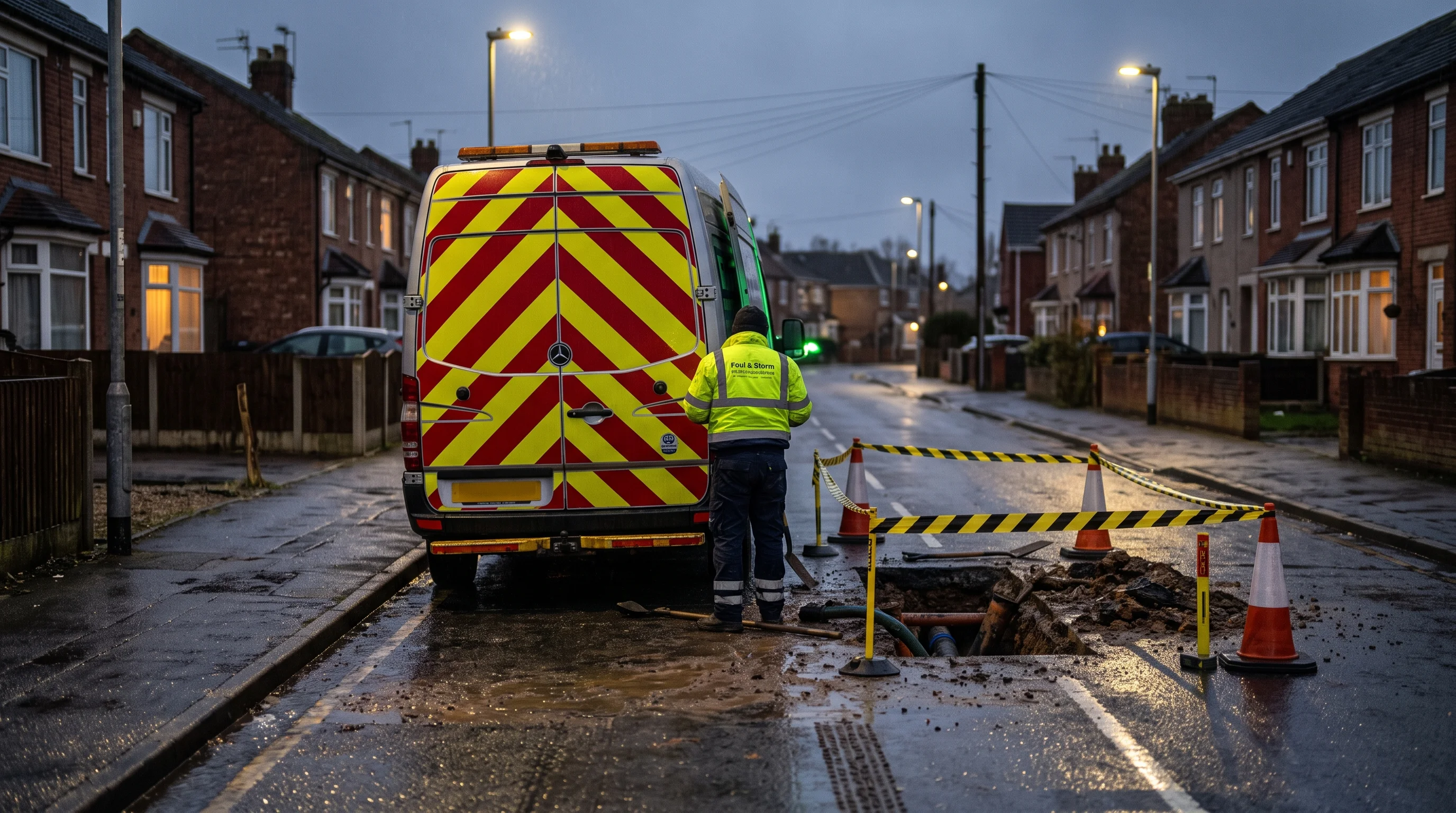 Chevron-liveried drainage van beside a taped-off open chamber on a wet Peterborough street at dusk